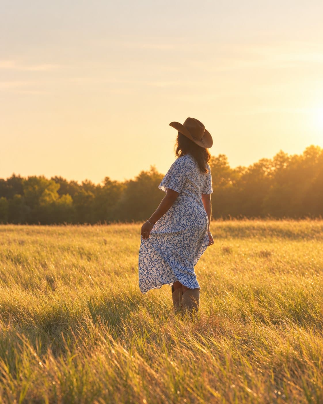A woman in a blue floral dress and cowboy hat walking through tall golden prairie grass at sunset