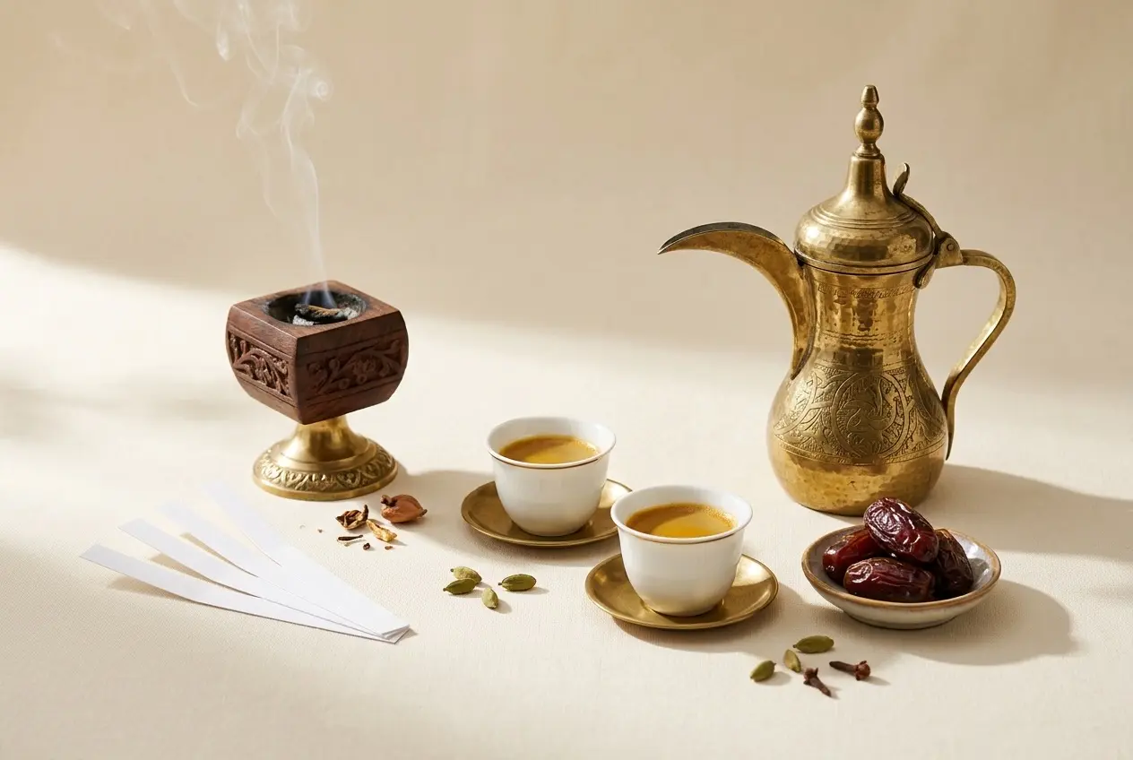 A brass dallah and two small cups of cardamom coffee beside a dish of dates, a fan of perfume blotters and a wisp of bakhoor smoke