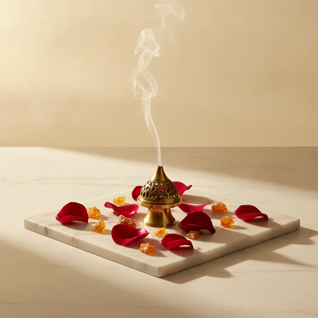 A brass incense burner on white marble at first light, one thin wisp of smoke rising over scattered damask rose petals and amber resin