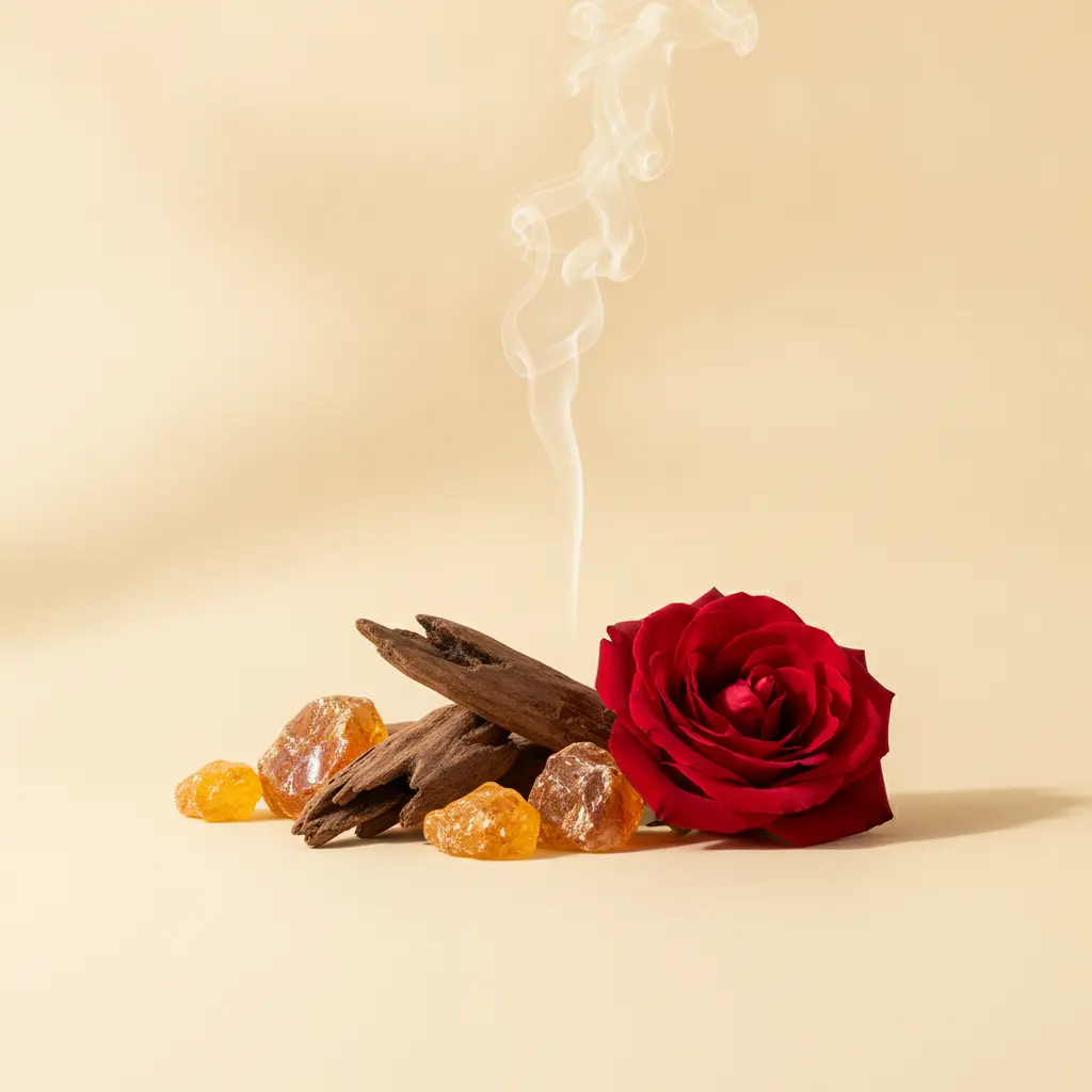 Dark oud wood and golden amber resin beside a deep red damask rose, a thin wisp of incense smoke rising