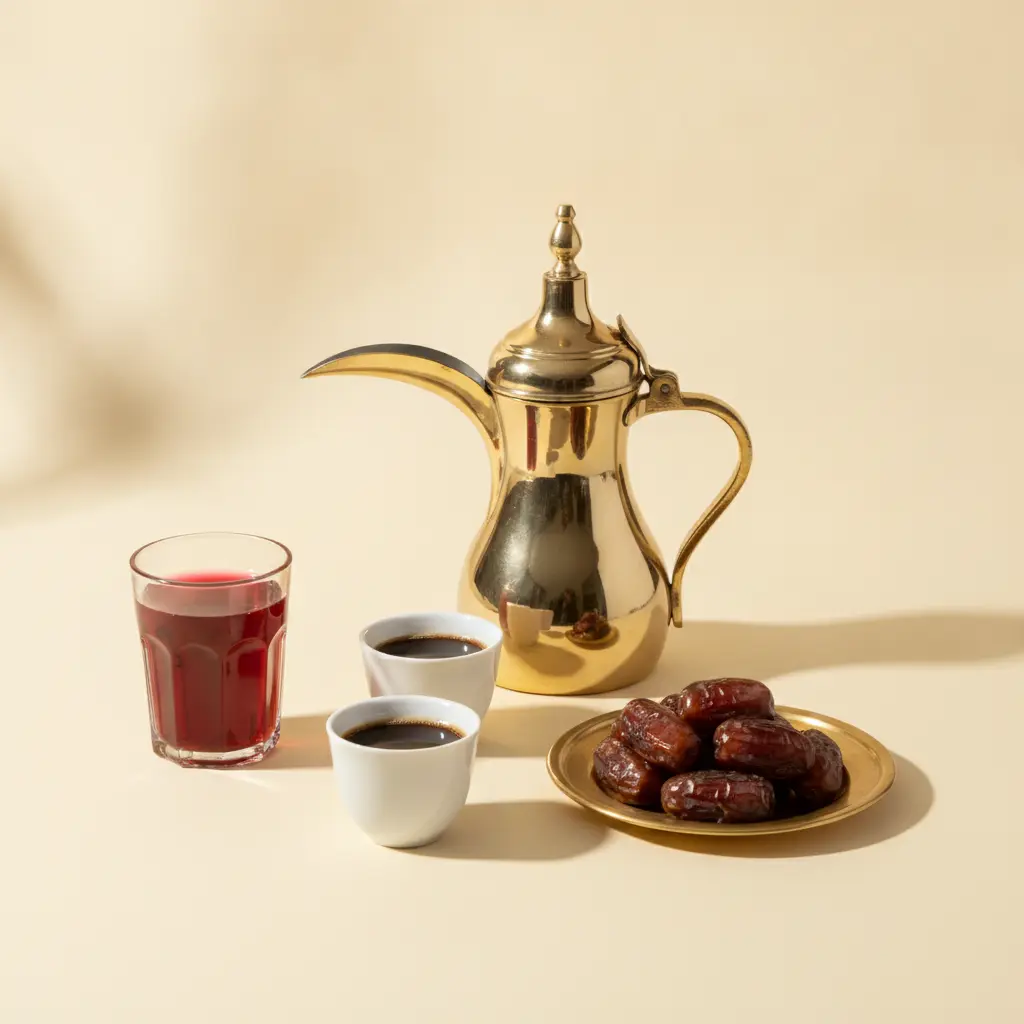 A brass dallah coffee pot with two small cups of Arabic coffee, a plate of dates and a glass of hibiscus tea on warm ivory
