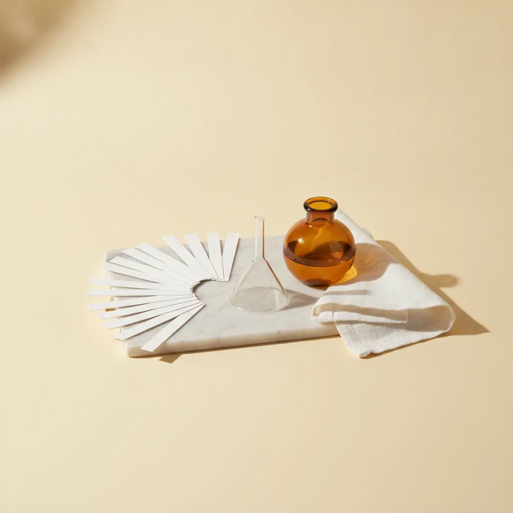 White fragrance blotters fanned on pale marble beside a glass funnel, an amber apothecary vessel and folded white linen