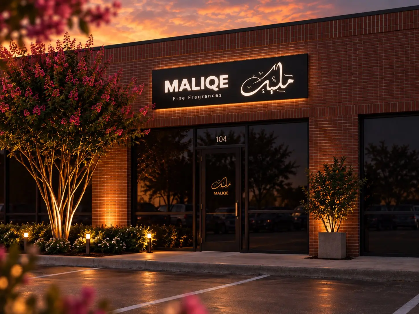 The Maliqe boutique at Parkway Square, Plano at dusk — the illuminated MALIQE Fine Fragrances sign above suite 104, crepe myrtles in bloom
