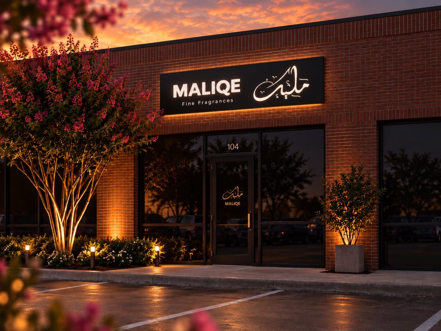 The Maliqe boutique at Parkway Square, Plano at dusk — the illuminated MALIQE Fine Fragrances sign above suite 104, crepe myrtles in bloom